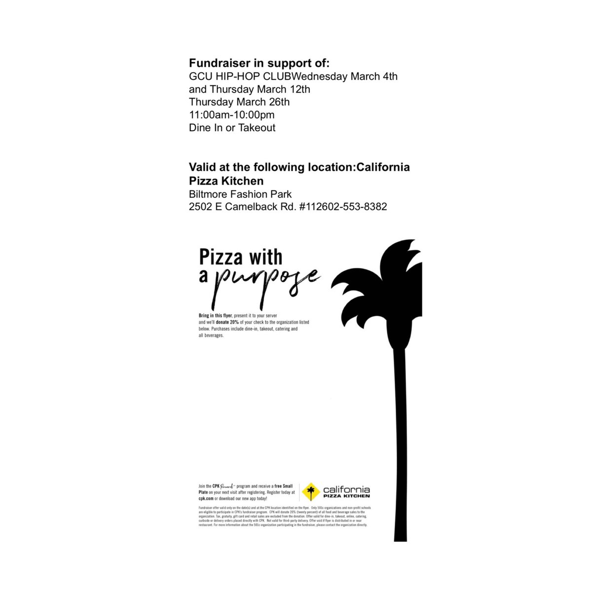 GCUHipHopClub's tweet photo. As a reminder tomorrow is time two of our fundraiser with California pizza kitchen. Be sure to come out and help raise some funds for HHC. #hhc #HipHop #gcu #culture #pizza #fundraiser #repallelementsequally https://t.co/TxENx439Sh