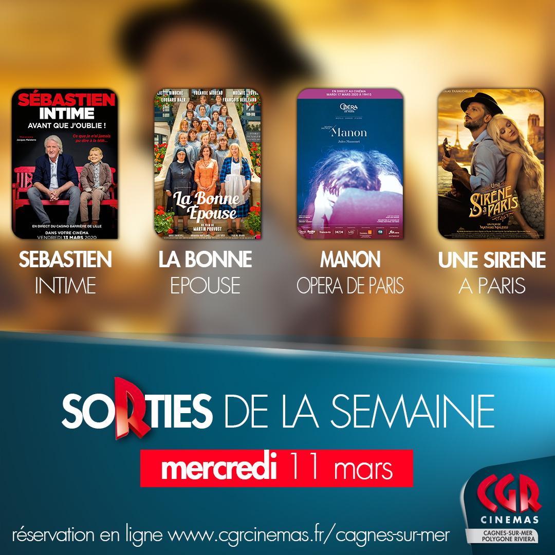 CGRCagnes's tweet photo. Sorties de la semaine au #CGR #PolygoneRiviera #cagnes : #UneSireneAParis @MathiasMalzieu, #LaBonneEpouse #sebastienintime @PatSebastien et #manon #operaDeParis #CotedAzurFrance #CotedAzur https://t.co/d2VTYvj1rO