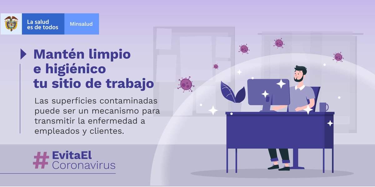 OPSOMS_Col's tweet photo. El coronavirus tiene la capacidad de permanecer por varias horas sobre superficies como mesas, teclados, teléfonos, lapiceros y muchos objetos que tocamos durante la jornada laboral. Limpia diariamente tu sitio de trabajo, lávate las manos frecuentemente y #EvitaElCoronavirus https://t.co/sBxGBV2ZkS