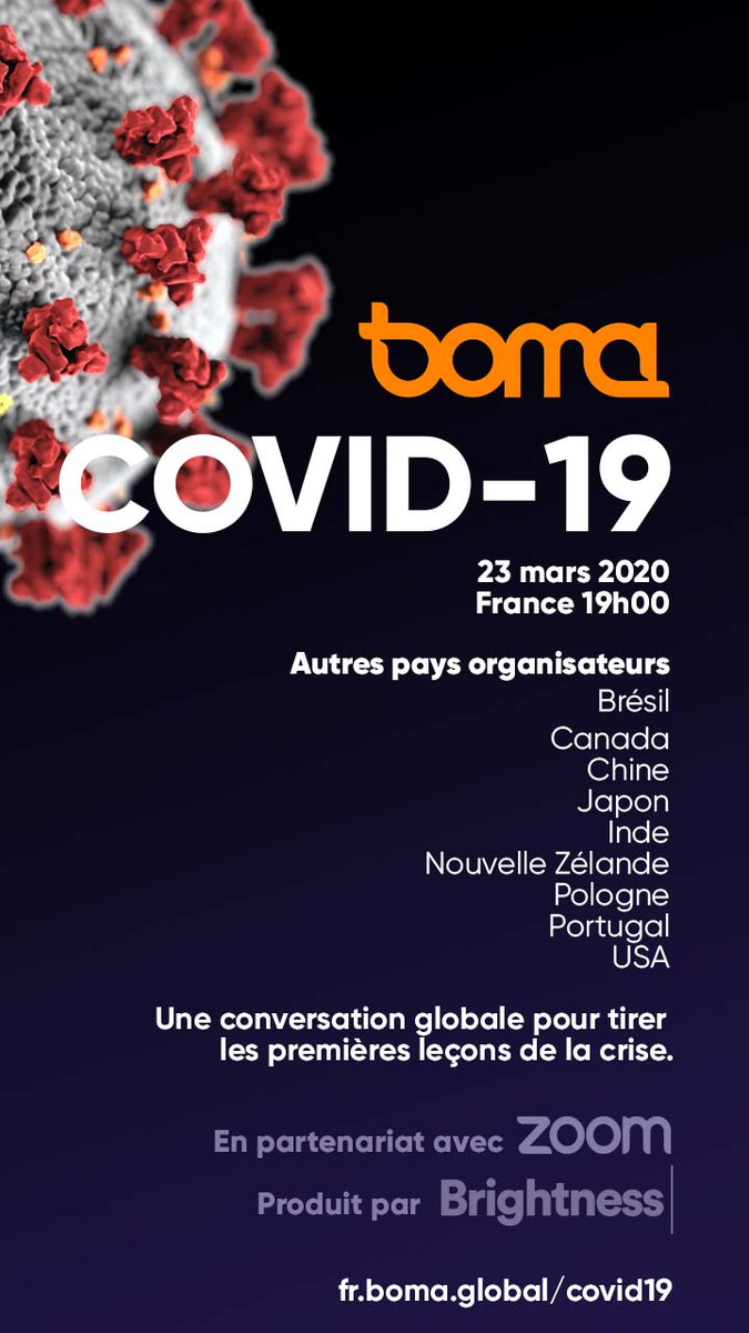 bomafrance's tweet photo. 👋 Le 23 mars 2020, Boma organise le premier événement 100% online, 100% gratuit, avec 10 pays, 4 continents pour tirer les premières leçons de la crise du Coronavirus.

👉 https://t.co/I6LPKj2aYf

💥Inscrivez vous sur : https://t.co/f31nYVY04B https://t.co/kZMkESTbwJ