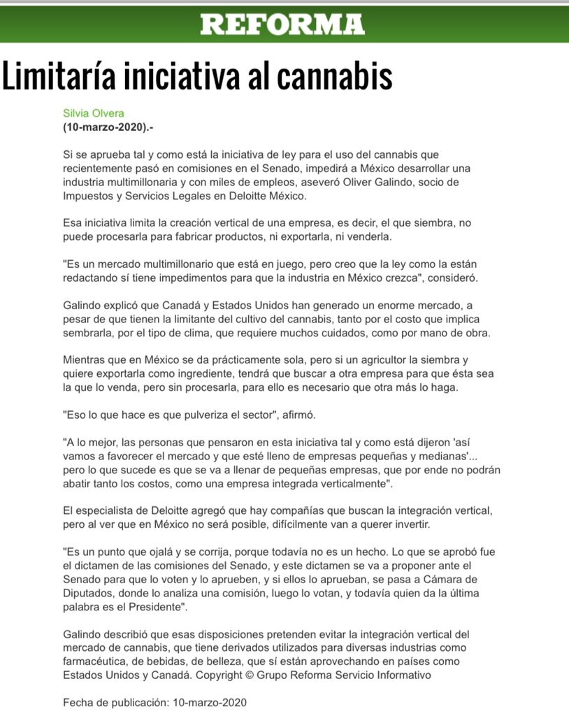 educannabinoid1's tweet photo. Excelente entrevista del @Reforma al Lic. Oliver Galindo sobre el dictamen que aprobaron la comisiones del @senadomexicano sobre #cannabis Hay que estar muy pendientes porque sospecho que el @GobiernoMX es el que se verá beneficiado en lugar de ayudar a sus ciudadanos https://t.co/QLeSPDvsho