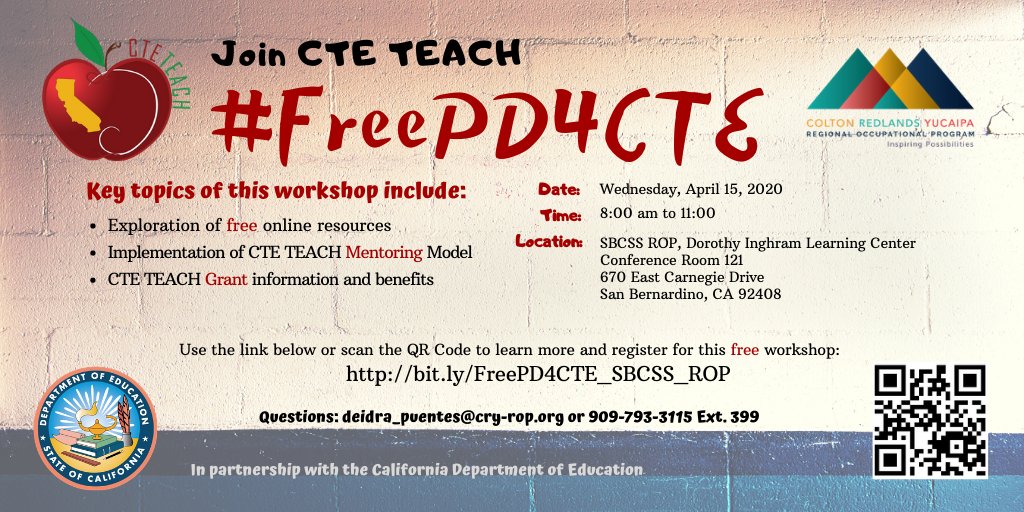 CteTeachCA's tweet photo. #FreePD4CTE is coming to a location near you! Join us on Wednesday, April 14, 2020, @SBCo_ROP Dorothy Inghram Learning Center to learn about FREE CTE Resources, CTE TEACH Mentoring Model, and Grant info/benefits
See the flyer for details and registration! https://t.co/JQY7YcPxFZ