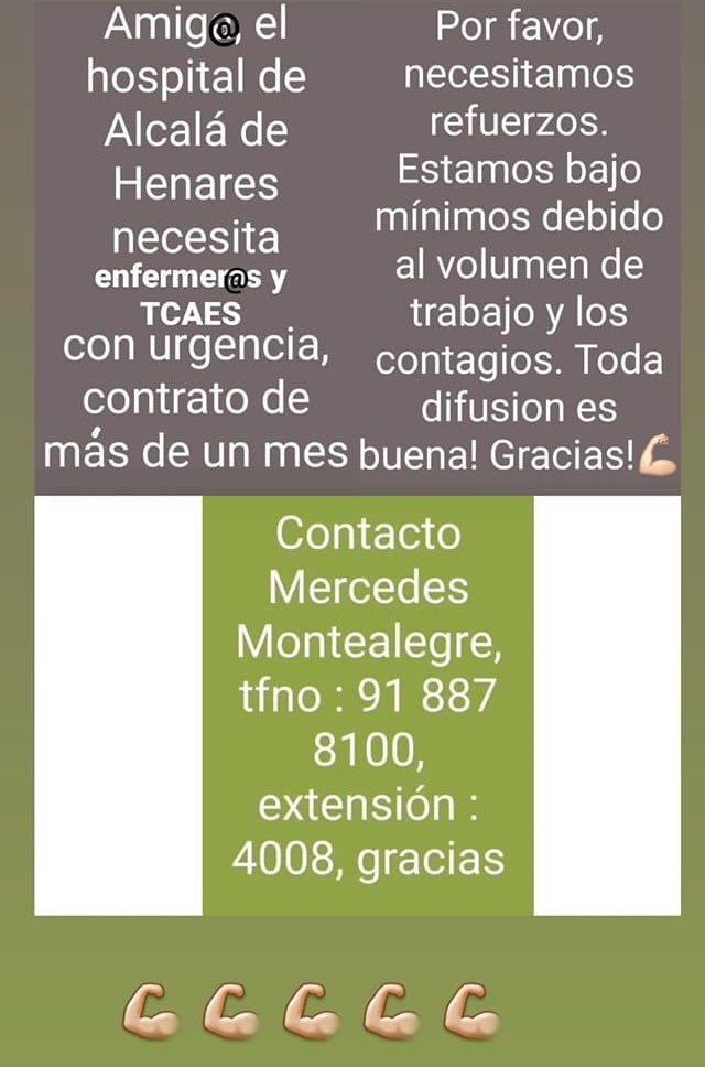 VictorLDelgado's tweet image. 🔴📣🔴📣🔴📣#ULTIMAHORA

Me pasan esto. El Hospital Príncipe de Asturias de Alcalá de Henares necesita CON URGENCIA enfermeros y TCAES.

Ofrecen contrato de más de un mes.  

POR FAVOR MÁXIMA DIFUSIÓN.