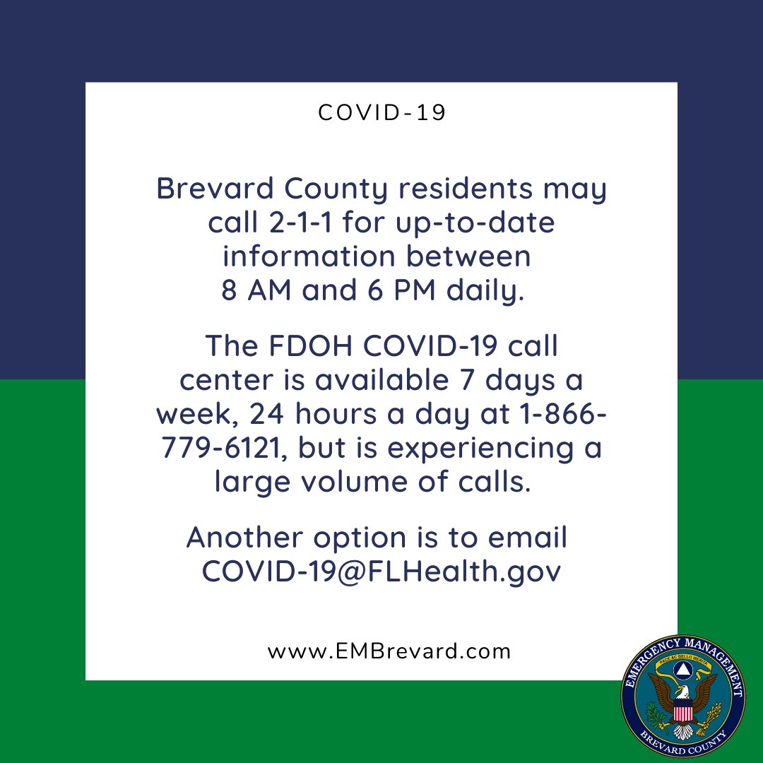 BrevardEOC's tweet photo. 3/11/20 | Brevard residents can dial 2-1-1 as a resource for questions regarding #COVID19 https://t.co/6klrqCLas5