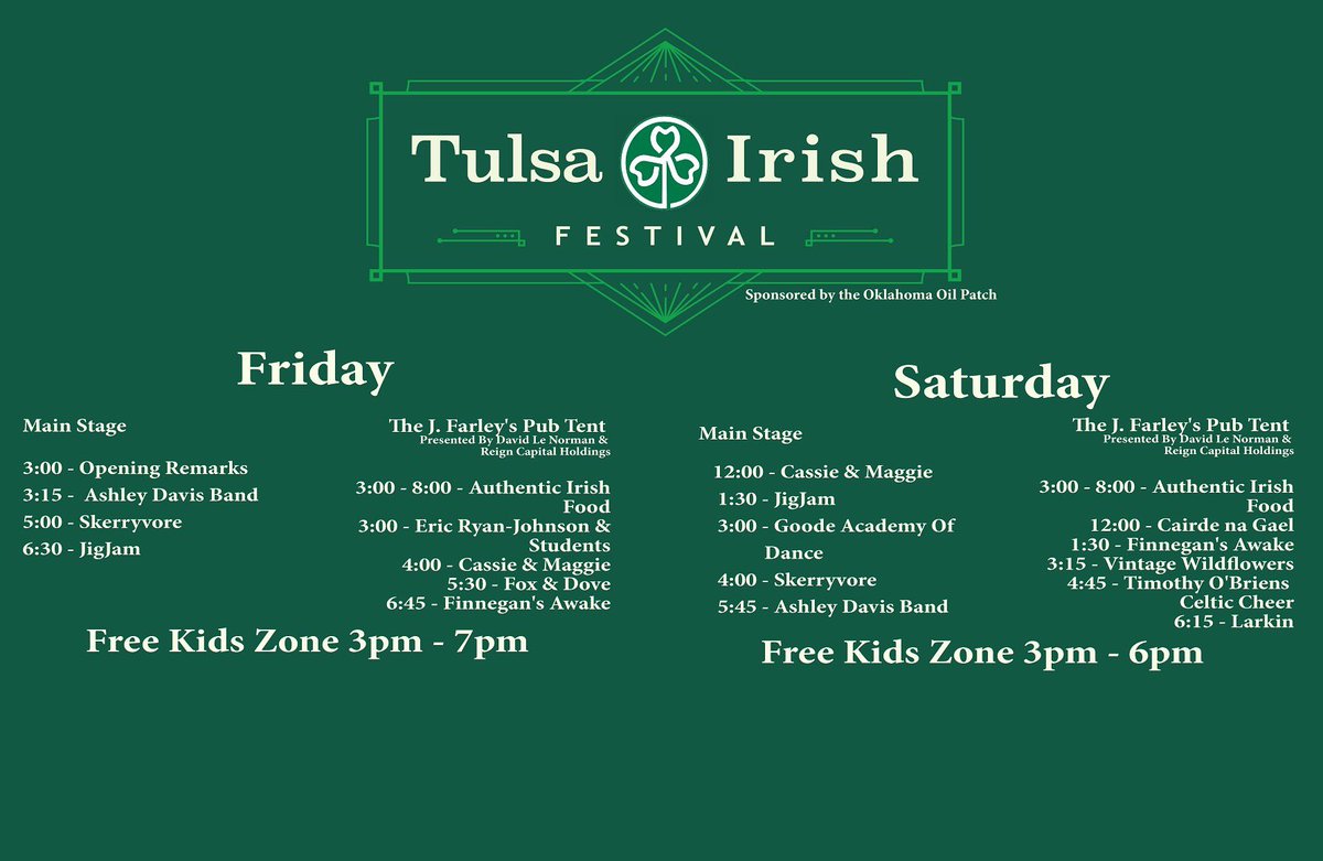 12+ Bands and Irish performances, HUGE Kids zone, and Celtic Craft zone, Irish Food, Irish Culture, and more! Oh, and all FREE Family-friendly! (yes adults, there will be beverages for you!)
tulsairishfest.org for all the info.