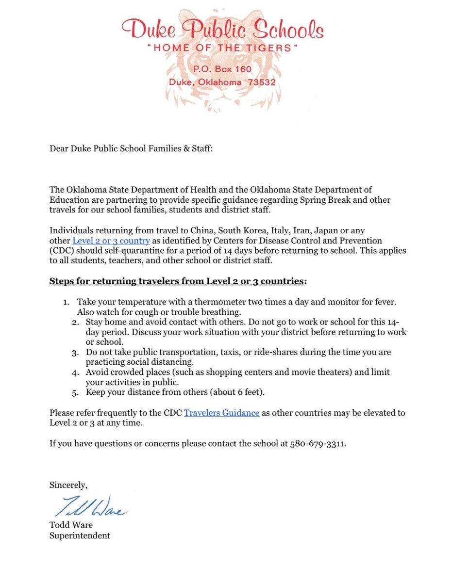 GoDukeTigers's tweet photo. Please see attached statement from Duke Public Schools. Any changes or updates can be found on our Facebook account 'Duke Public Schools' and our website https://t.co/x2sgxHYewv 
Thank You,
Todd Ware
Superintendent of Schools https://t.co/LuamvIYfzl