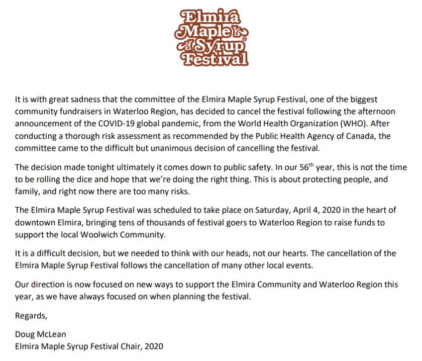 It is with great sadness that we announce the cancellation of the 2020 Elmira Maple Syrup Festival.