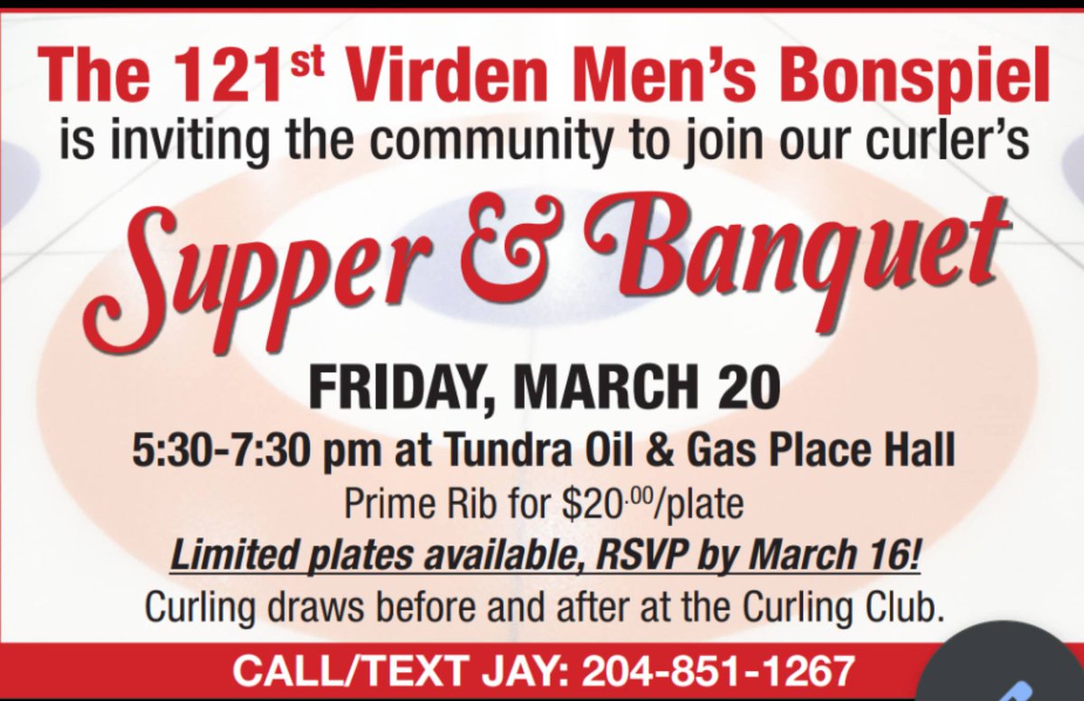 virdencc's tweet photo. It's been a lot of years, we are happy to announce that our Men's Bonspiel Banquet will be held at Sunrise Hall at Tundra Place! Limited extra supper tickets will be for sale, info below https://t.co/VPbx6N88DK