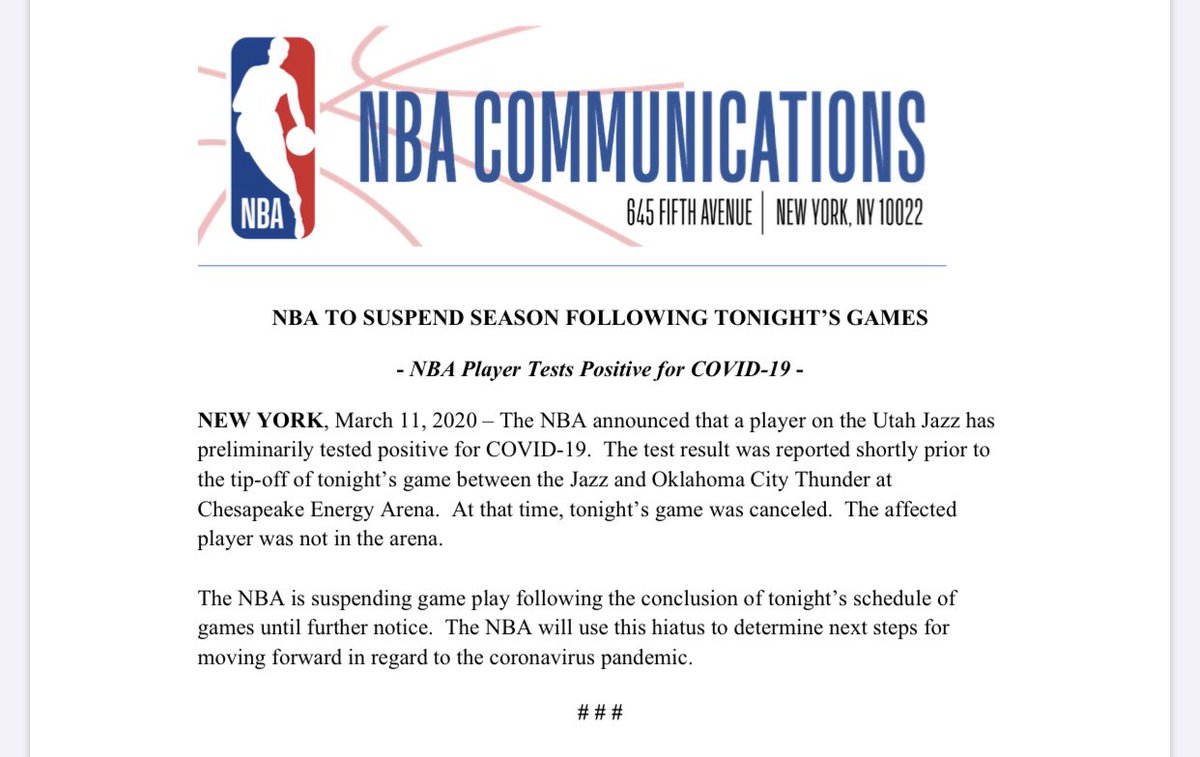 The NBA is suspending its season after Utah Jazz player Rudy Gobert reportedly tested positive for the coronavirus