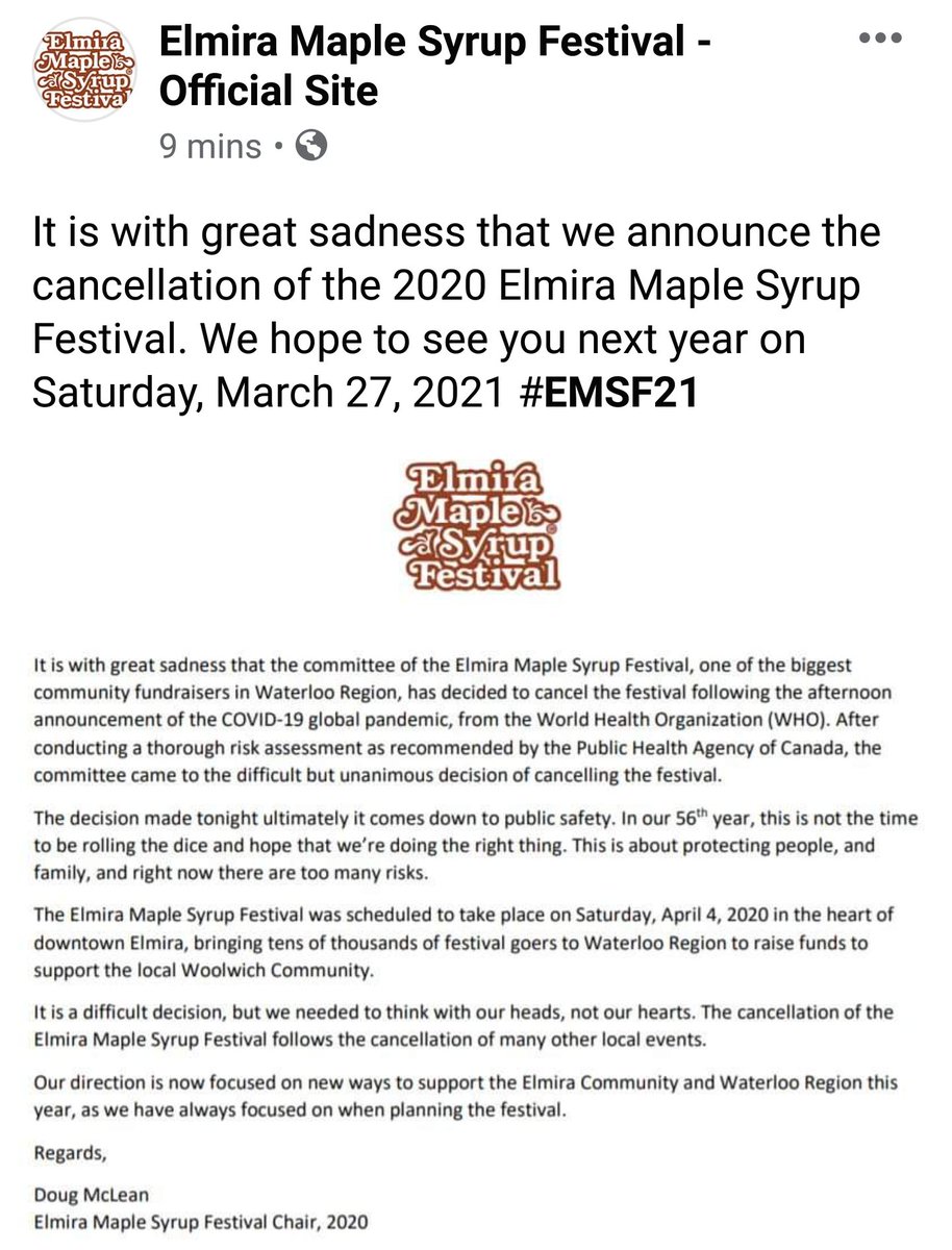 Sad to share the news that #ElmiraMapleSyrupFestival has been cancelled for 2020 due to concerns about #coronavirus <a href="/ElmiraSapFest/">ElmiraMapleSyrupFest</a> #Elmira #RuralOntario #OntarioFestival #MapleSyrupFestival