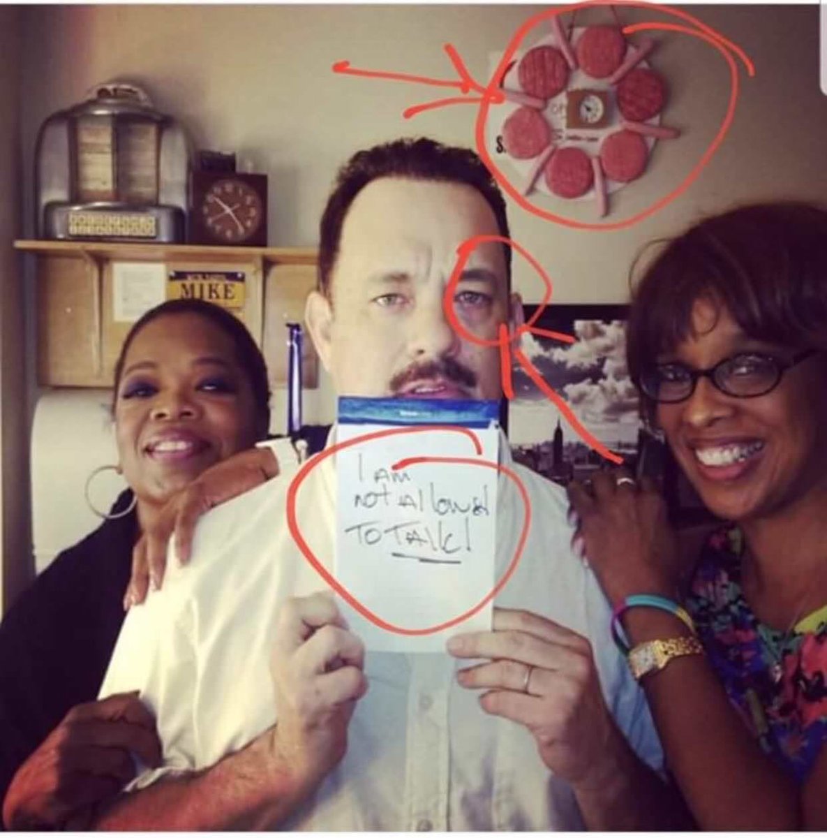 humanvibration's tweet photo. It’s 2020.

We know ever-loved Tom Hanks.

But we’re also keenly, if peripherally, aware of a long-simmering cauldron  of unmentionable Hollywood Spells stirred up by the same Tom Hanks.

Fast forward to the bewildering photo of Oprah, Gayle &amp; Tom, his black eye &amp; a hotdog clock. https://t.co/hv5KZ3pgav