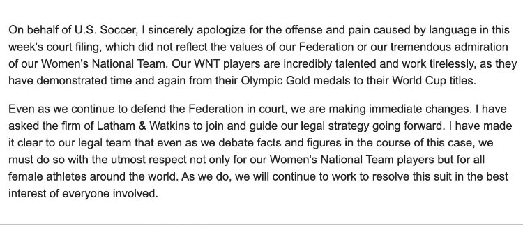 GrantWahl's tweet photo. US Soccer President Carlos Cordeiro apologizes for federationโs legal strategy belittling USWNT players because theyโre women. https://t.co/xkTuTwV6jd