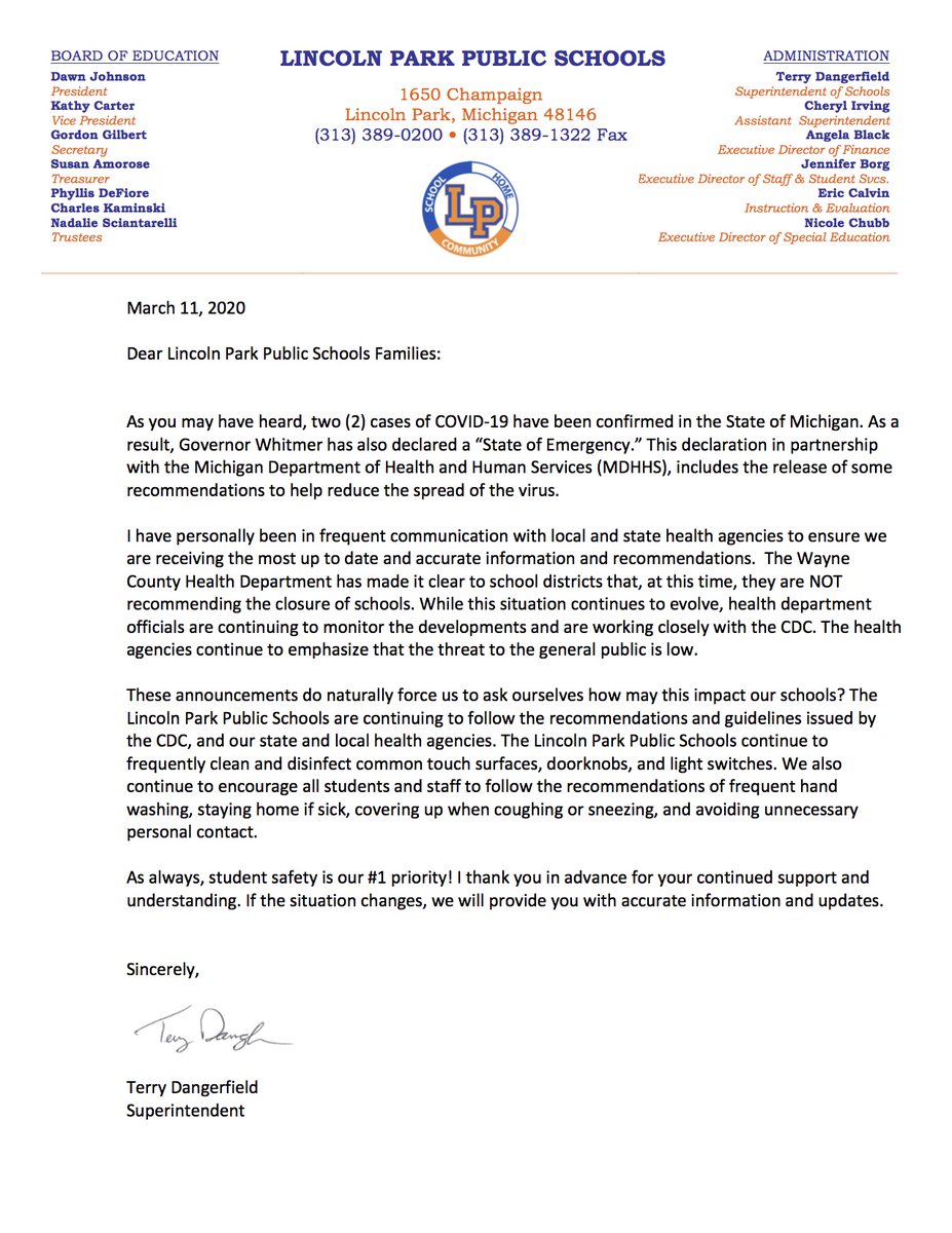 LPPSrails's tweet photo. Hello LPPS Families:

See the attached letter regarding the Covid-19 situation.  There are also 2 attached posters from Wayne County Health to educate and inform those that may have questions about the virus itself. We will continue to update  as more info is available. https://t.co/KSYWpYnroe