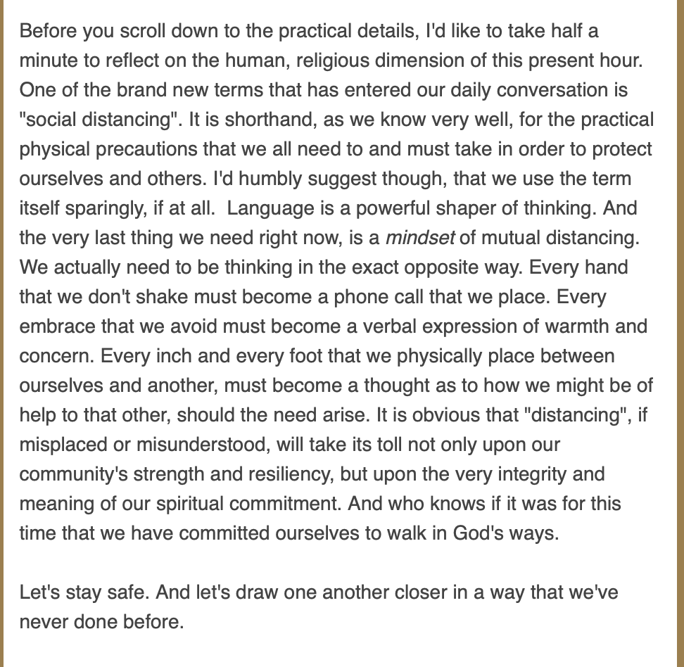 Here's what my rabbi sent to our synagogue just now regarding the arrival of coronavirus to our Jewish community.