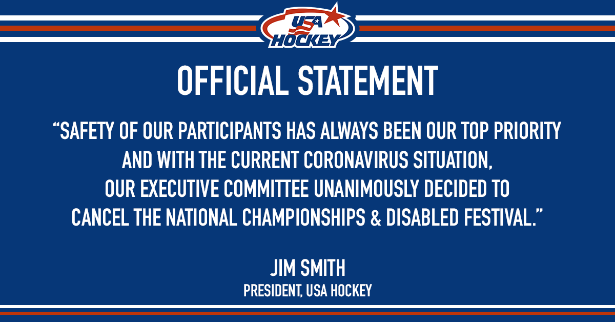 usahockey's tweet photo. USA Hockey cancels upcoming National Championships &amp; Disabled Festival. → https://t.co/Wc6CrbfMXR https://t.co/guJk8hupp4
