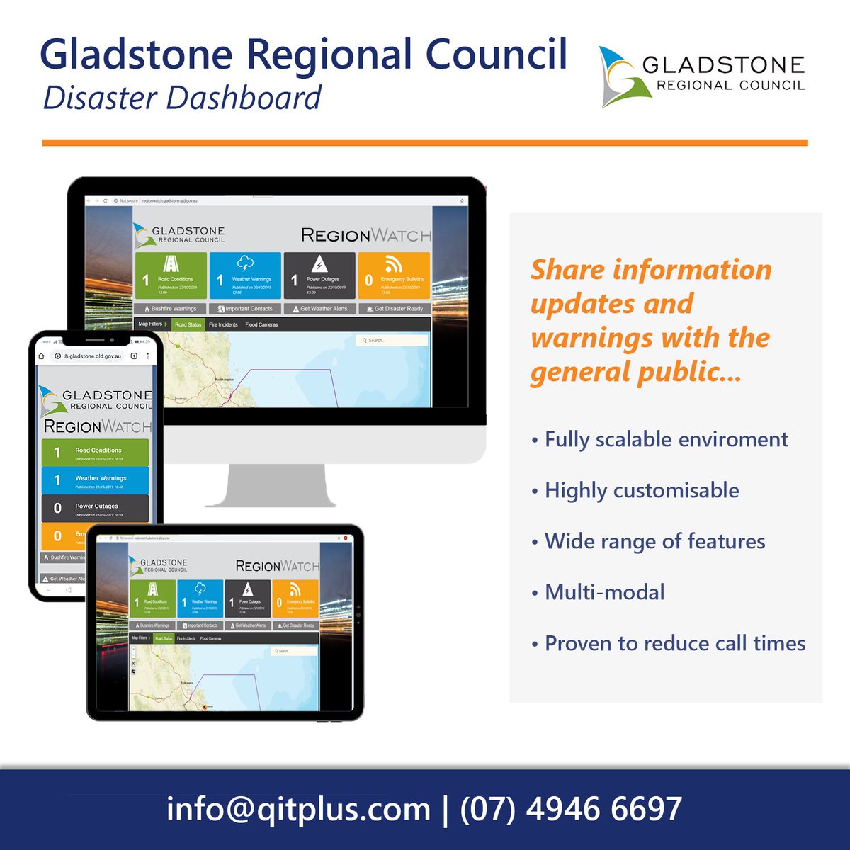 QITPlus's tweet photo. The Gladstone Regional Council (@GladRegCnl) Disaster Dashboard allows for the local public to receive all road conditions, weather warnings and emergency news from a single point of truth. #BePrepared

➡️ https://t.co/yWZOjxQaHD https://t.co/Pu1BamFkMr
