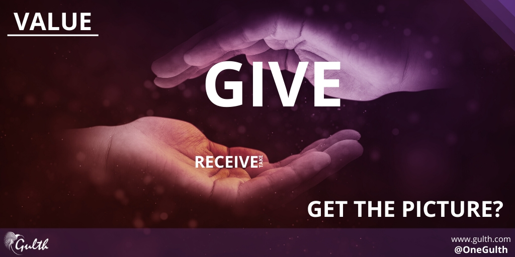 OneGulth's tweet image. Its is far greater to give than receive - this is a fundamental rule to live by. It is relevant in business and in general day to day life.
The value you provide needs to far outweigh the reciprocal benefits of it's return - the fruits received by this philosophy are all yours.