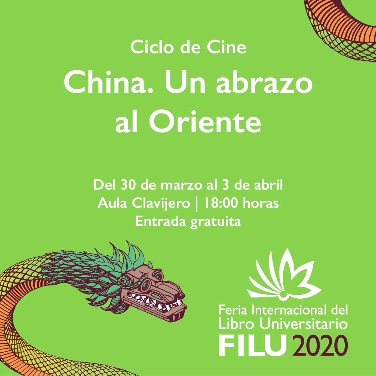filu_uv's tweet photo. Asiste al ciclo de cine China. Un abrazo al oriente. Del 30 de marzo al 3 de abril en Aula Clavijero, a las 18:00 horas. 🎞🍿
¡La entrada es gratis!🤩
Consulta el programa de actividades y las funciones que se realizarán en https://t.co/ukn7HZ5lQy
#FILU2020 #SaberesAncestrales https://t.co/VSG1xhaFt1