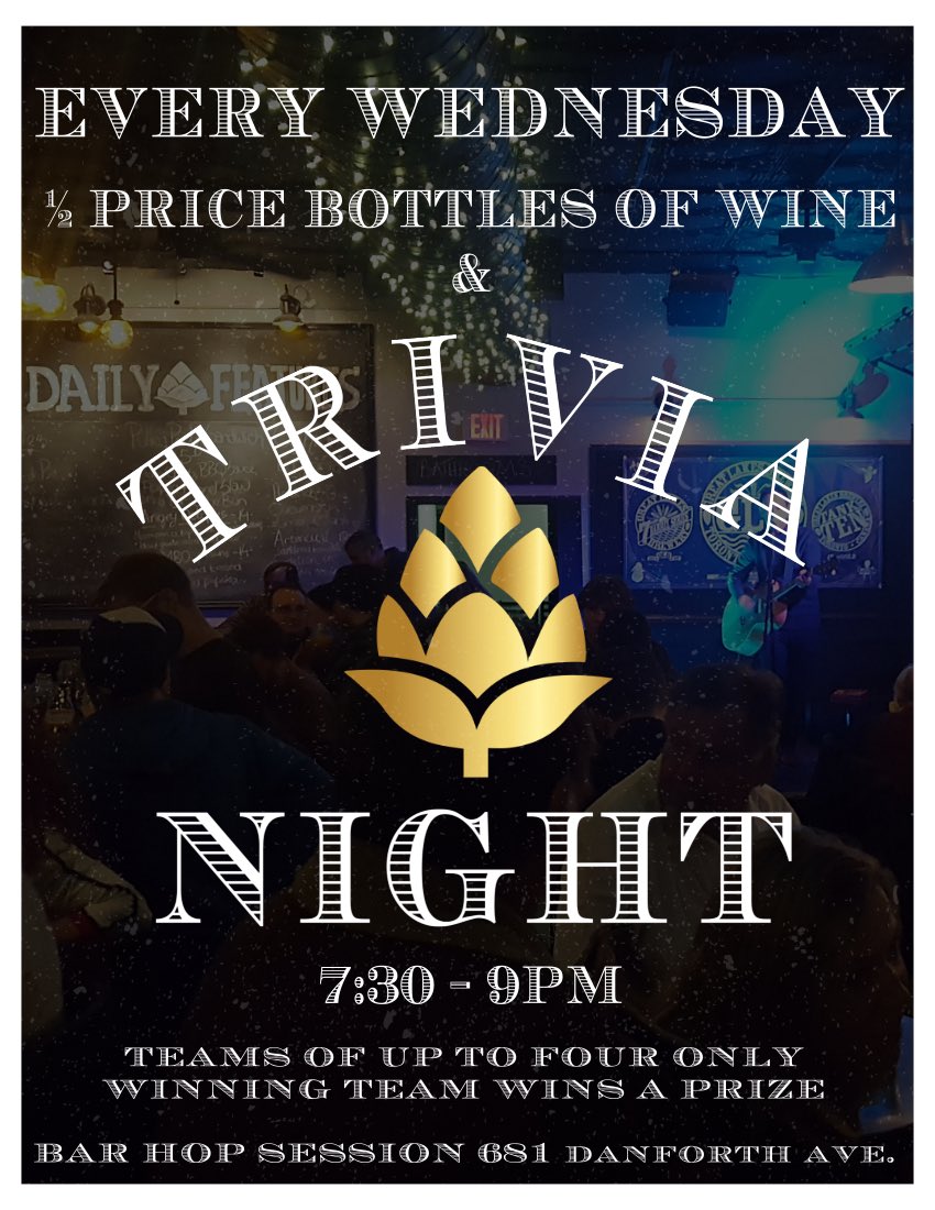 DrummerTim1's tweet photo. 1/2 price bottles of wine & trivia night every Wednesday at #barhopsession #681danforth
.
.
#craftbeer #craftcoctails #wine #winewednesdays #eatlocal #TO #foodie #foodandbeer #trivia #trivianight #triviawednesdays #halfpricewine #finebeerfinefood #681danforthave @barhopbar https://t.co/dwyejkcn3X