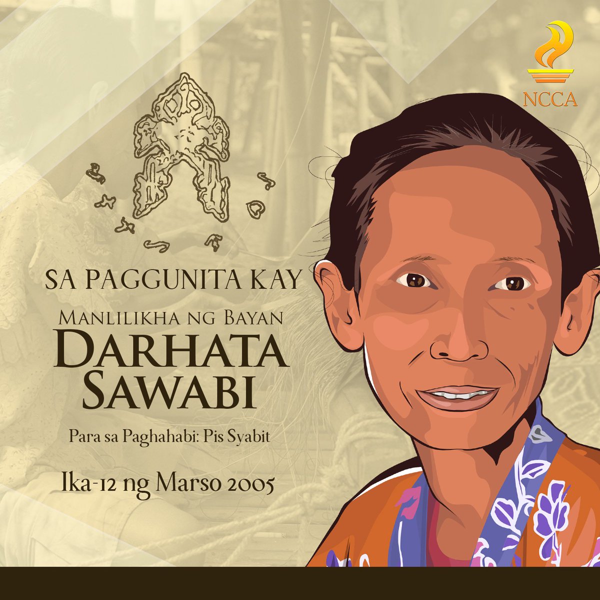 NCCAOfficial's tweet photo. Paggunita at pagpupugay sa búhay at mga obra ni Manlilikha ng Bayan Darhata Sawabi.
DARHATA SAWABI (+ 2005)
Manghahabi ng Pis Syabit
Tausug
Parang, Sulu
2004
(Read more: https://t.co/EZKghCGtEh)
#GAMABA https://t.co/BbQ80I54f6