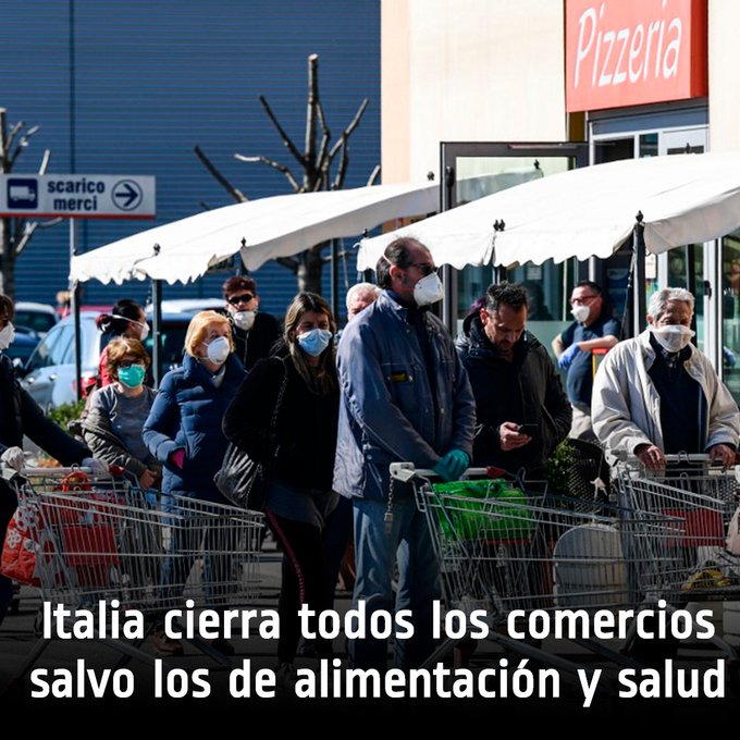 NOTICIEROALDIAR's tweet photo. "#Italia siempre será una zona única, una zona protegida. Nos disponemos a cerrar toda la actividad comercial, la venta minorista, excepto los negocios de primera necesidad y farmacias", dijo el primer ministro https://t.co/sy7tHu02UT