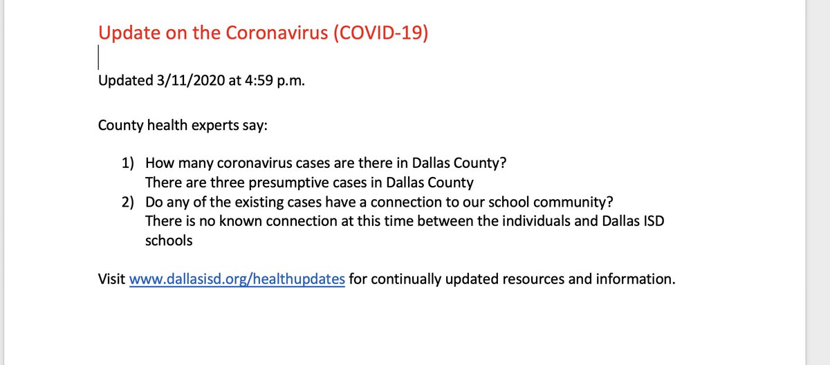 We will provide daily coronavirus updates on Twitter. 

And please visit dallasisd.org/healthupdates for continually updated resources and information.