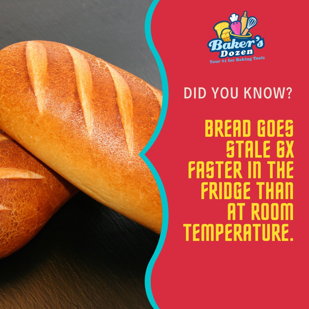 iBakersDozen's tweet photo. Did you know?
Bread goes stale 6x faster in the fridge than at room temperature.
#BakersDozen #BakingTrivia #TriviaAboutBaking #BakingFacts https://t.co/LbTHHAO8Qv