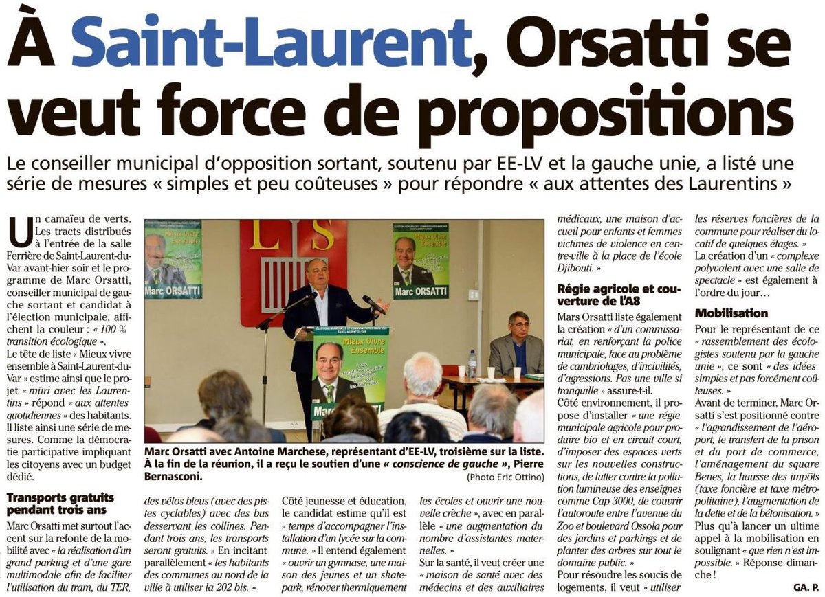 JeromeBenoit06's tweet photo. 🗞#Slv06 : Article de Nice Matin à la suite de la Réunion publique de @MarcOrsatti lundi 09/03 pour les élections #Municipales de #SaintLaurentDuVar ce dimanche 15/3, tapez 3.

Le programme complet sur https://t.co/K6eYlxvOdK en pdf https://t.co/relbsDLtkL