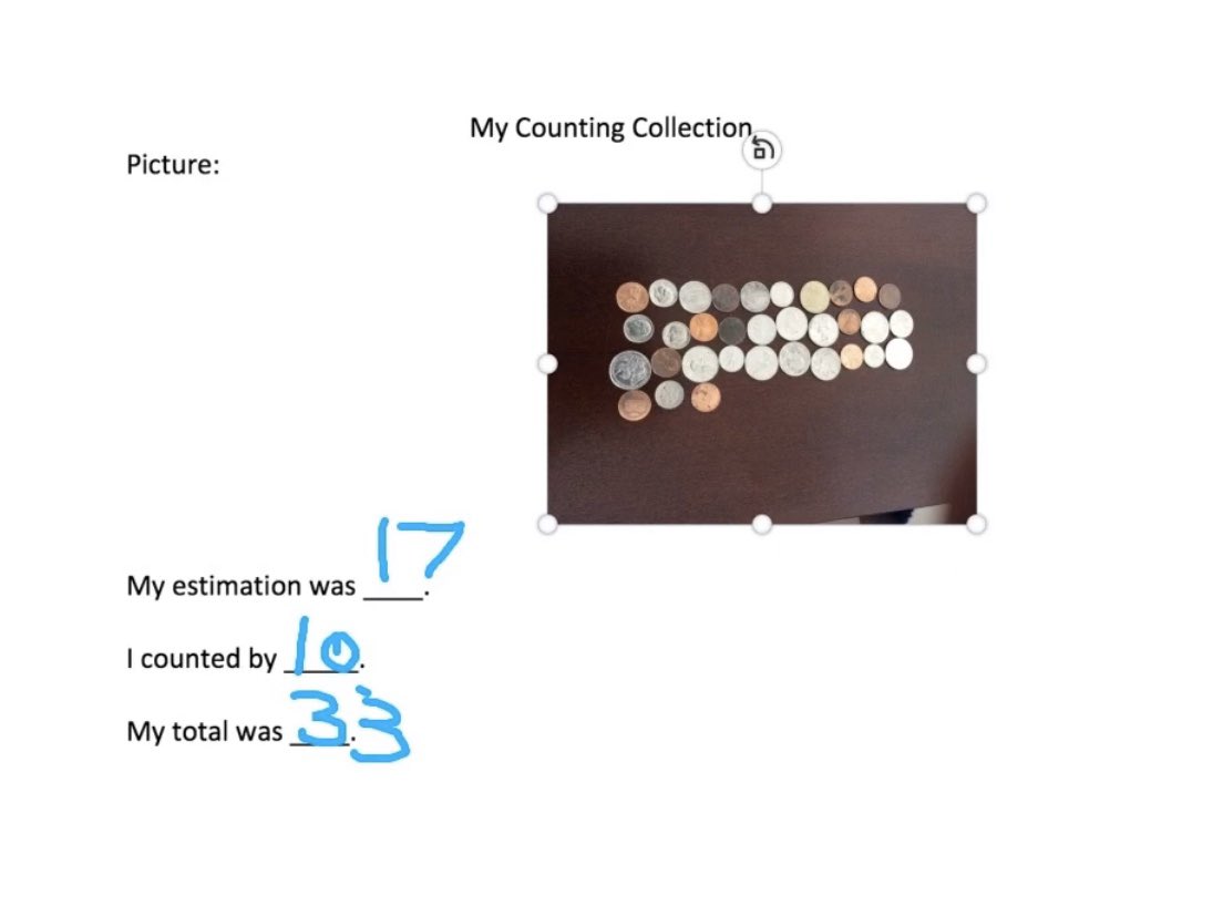 janaki_aleena's tweet image. It’s not *quite* the same, but my Ss did #countingcollections at home then sent in. They voice recorded how they counted & some sent videos of themselves counting.
Follow up Qs: was your estimate more or less than the total? Was your estimate close to the total? How do you know?