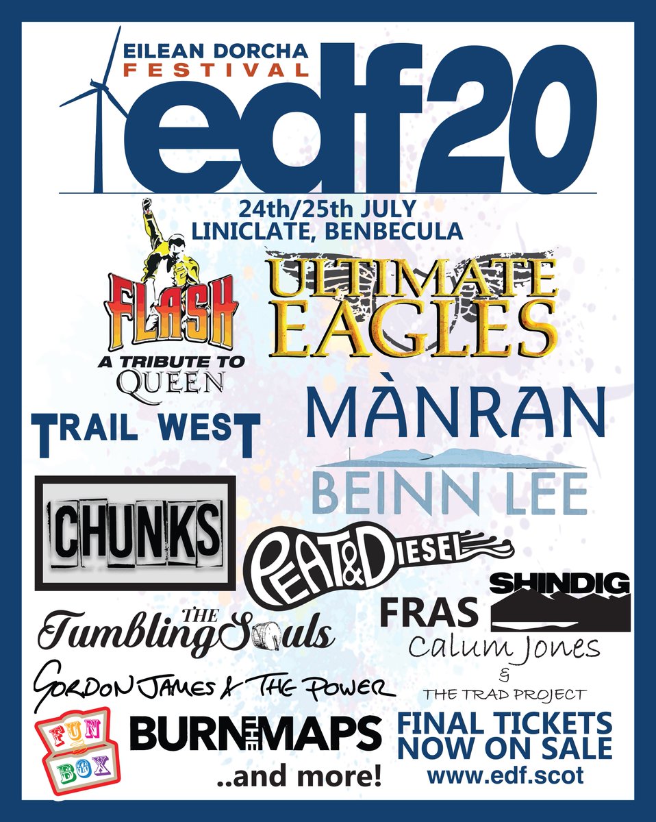 The story so far.... #EDF2020 taking shape nicely @ultimateeagles @Flashtribute @ManranOfficial @trailwestband @beinnlee @peatanddiesel @frasband1 @the_tumbling @CalumJonesMusic @Gjmusicuk @Burnthemapsband and more.. Tickets available from edf.scot