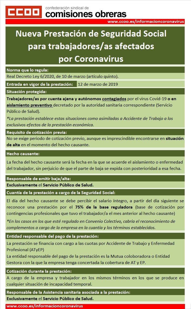 Para vuestra información os hacemos llegar las nuevas prestaciones de la Seguridad  Social para los trabajadores/as afectados por el #Coronavirus que entrado  en vigor el día 12  de Marzo 2020.