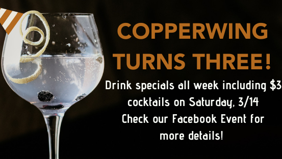 <a href="/CopperwingSLP/">Copperwing Distillery 🍸</a> is turning 3 this Saturday! To celebrate, enjoy $3 off cocktails tonight and tomorrow, $3 off bottles on Friday, and on Saturday, enjoy $3 cocktails, live music, and food from Wat Thai of Minnesota!
#DiscoverSLP #distillery #cocktails #celebrate