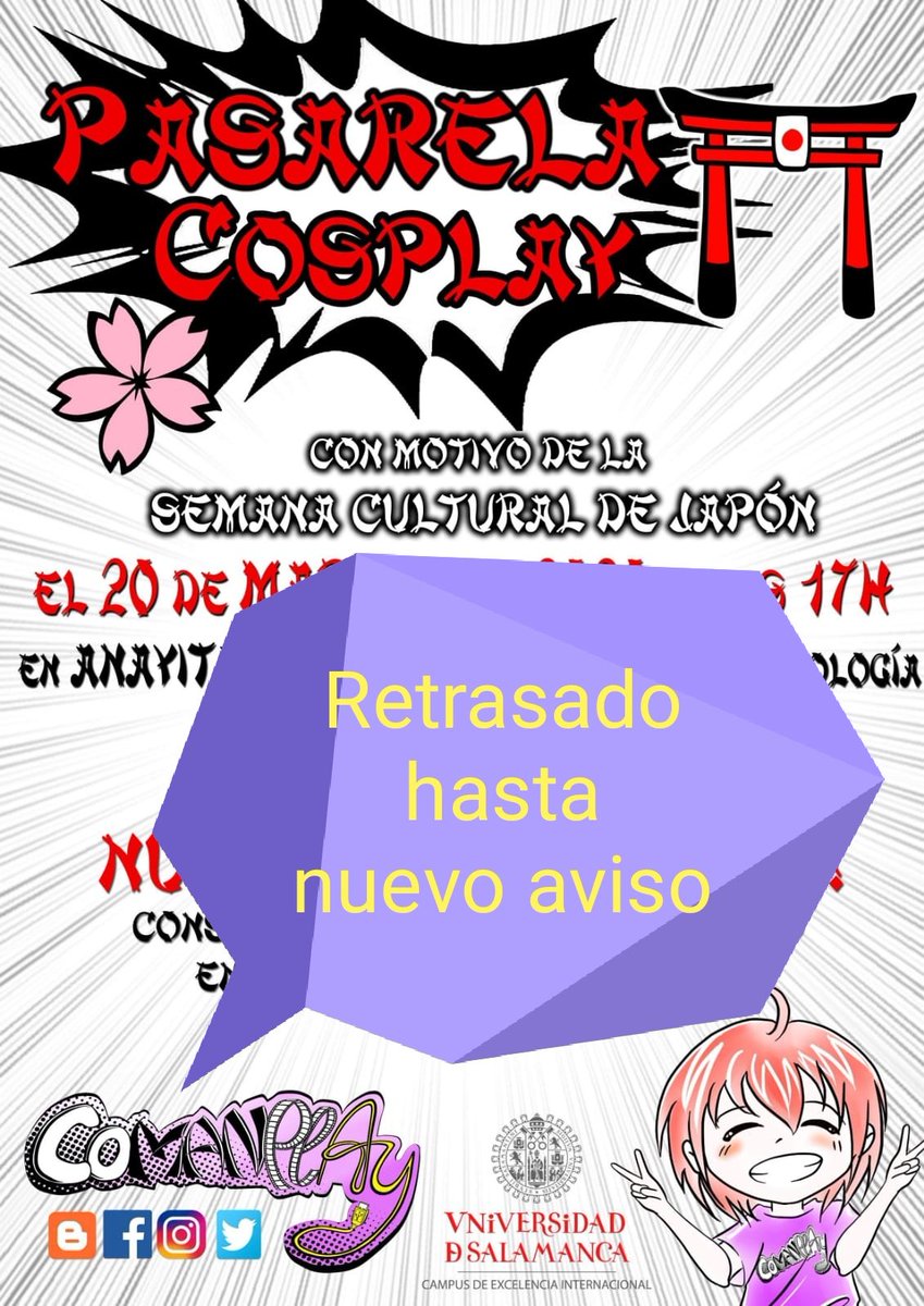 comanplay's tweet image. Sentimos anunciar que por motivos de sanidad, las organizaciones del Salon otaku 2020 y la semana cultural de Japón se han visto afectadas.
El salón otaku abrirá sus puertas en septiembre, mientras que la semana cultural se encuentra en un limbo hasta nueva orden.