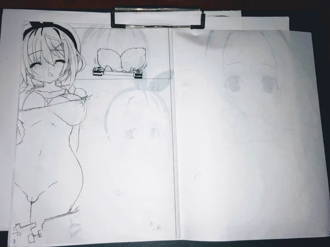というわけで原稿を描き始めたわけですが最近はこのように「プロットが出来たら各ページの魅せゴマを先に描いてしまう」って方法がマイブーム('・ω・`) 