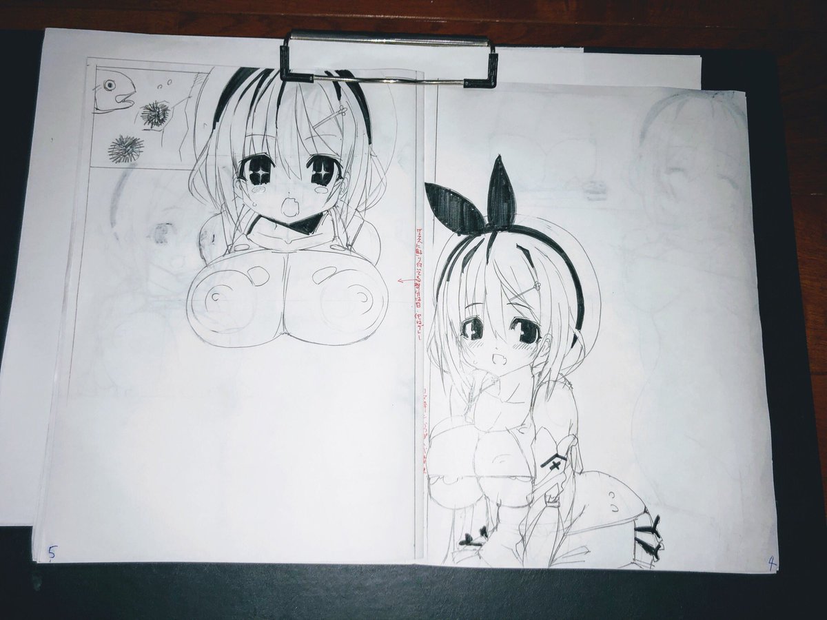 というわけで原稿を描き始めたわけですが最近はこのように「プロットが出来たら各ページの魅せゴマを先に描いてしまう」って方法がマイブーム('・ω・`) 