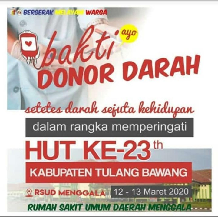 PMITUBA's tweet photo. mari masyarakat Kab Tulang Bawang dalam rangka HUT Kab Tulang Bawang ke 23 ikut kegiatan donor darah selama 2 hari ..setetes darah anda nyawa bagi mereka..

#donordarah
#BergerakMelayaniWarga
#BMW
#PMISiapBantu https://t.co/fL7BOYQg7E