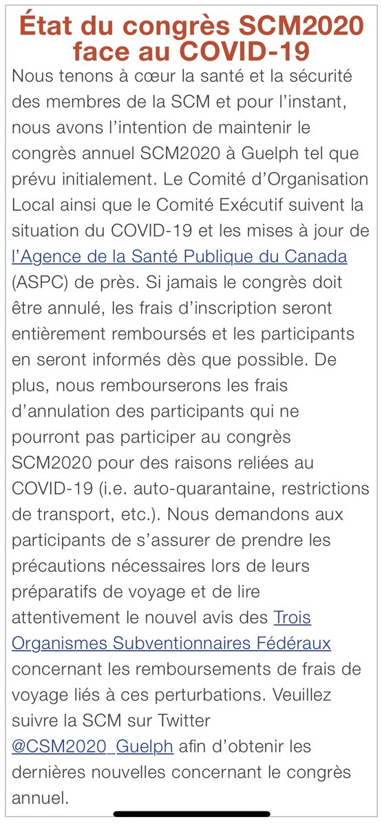 CSM2020_Guelph's tweet photo. Nous tenons à cœur la santé et la sécurité des membres de la @CSM_SCM et pour l’instant, nous avons l’intention de maintenir le congrès annuel @CSM2020_Guelph à Guelph tel que prévu initialement.  Une déclaration détaillée peut être trouvée ici https://t.co/rGUiB7KSap https://t.co/8XdSDNgSEr