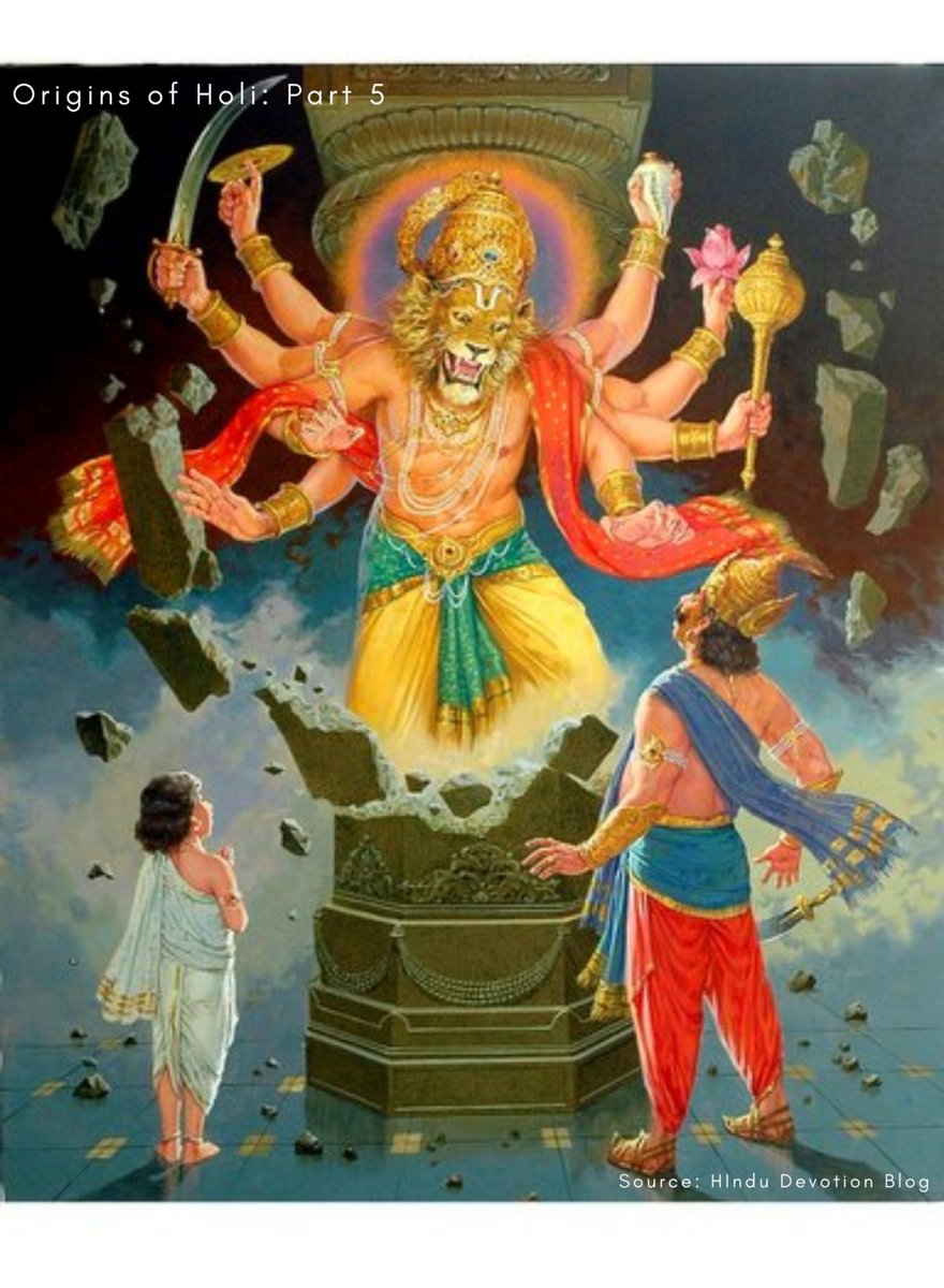 holiforunity's tweet image. Origins of #Holi: Part 5
Hiranyakashyipu decides to take matters in his own hands and attempts to kill #Prahalad. As he does so - Lord #Narasimha, one of the avatar&apos;s of Lord #Vishnu, emerges from the pillar. The half man, half animal god kills Hiranyakashyipu at dusk.