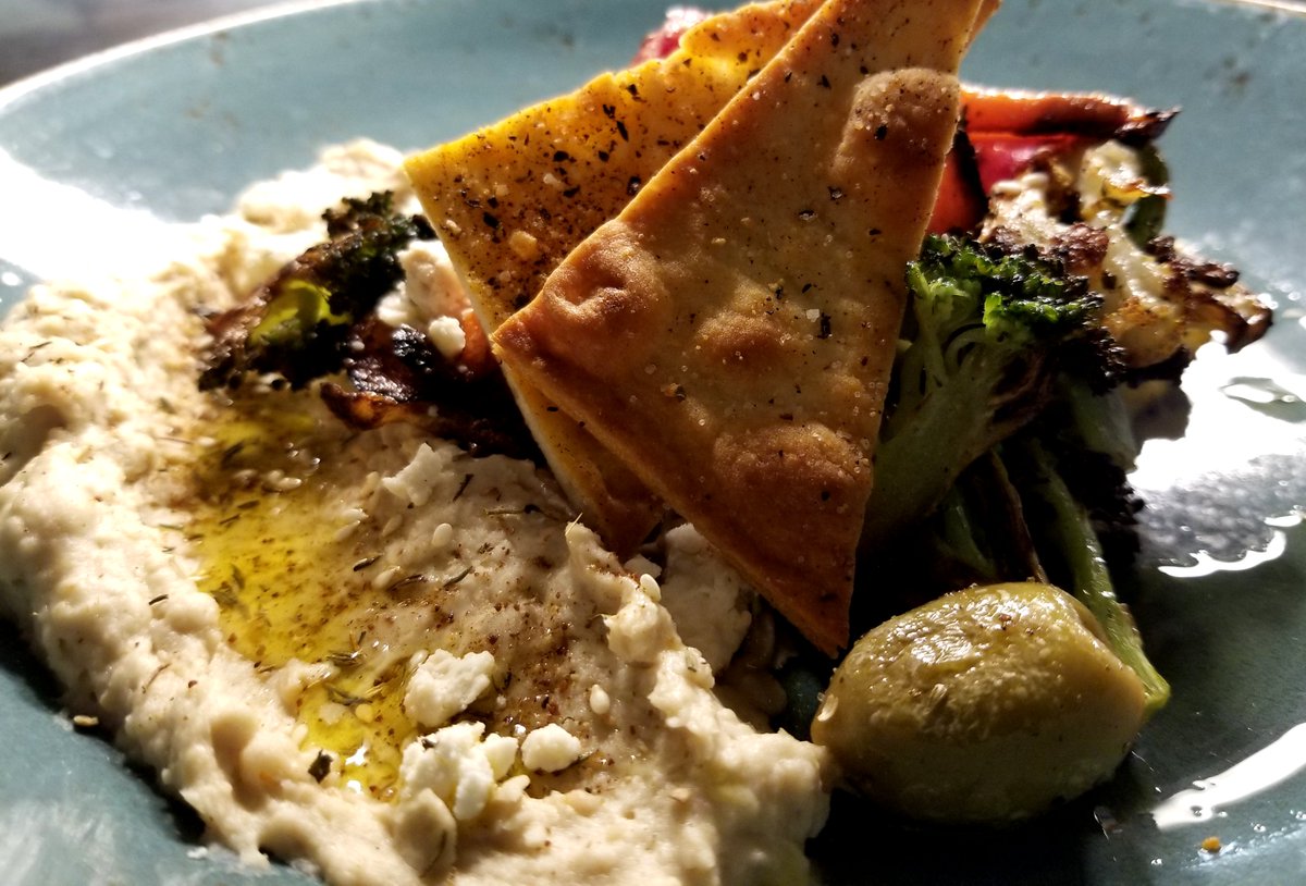 Loaded Hummus for today's chef's special
House-made Hummus / Roasted Vegetables / Olives / Feta / Fresh Flatbread Crackers / Za’atar Spice / Extra Virgin Olive Oil