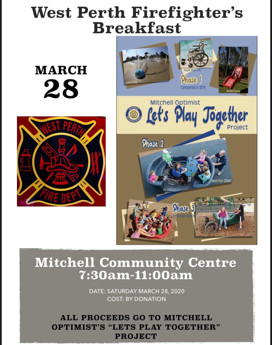 Mark your calendars! Join us Sat March 28th (730-11am) at the arena for the ⁦<a href="/WestPerthON/">West Perth</a>⁩ Firefighters breakfast! Cost is by donation and we’re proud to donate all proceeds from this breakfast to the Mitchell Optimist “Let’s Play Together” project! #WPFD