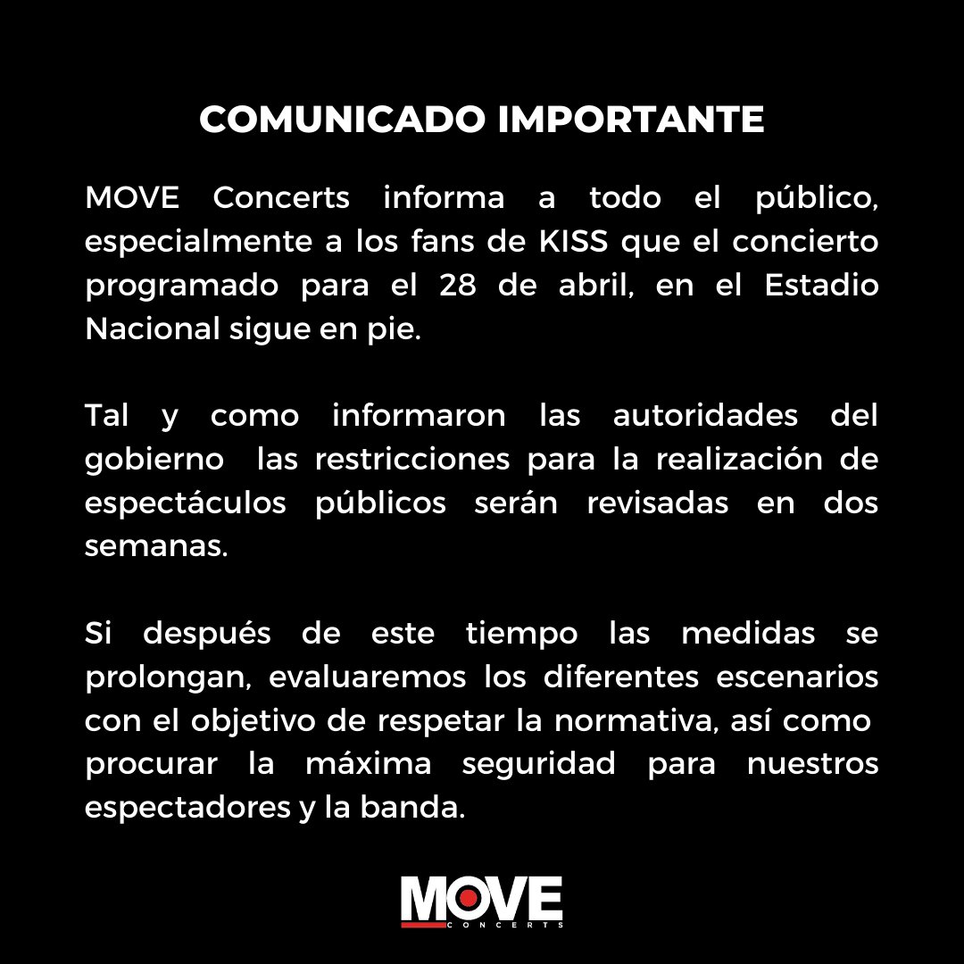 MoveConcertsCR's tweet photo. 📢 ATENCIÓN FANS DE KISS: EL CONCIERTO SIGUE EN PIE📢
#KISSCR #MOVECR #COSTARICA https://t.co/ycB5pdJ1YD