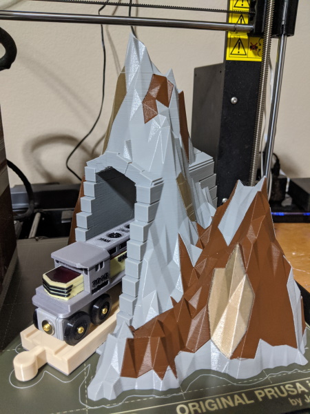 gregkats's tweet photo. Just finished my longest print by far. 
Over 78 hours, 1775 splices, 790 pings!

A mountain tunnel for the Brio Compatible train set we are building.
#briotrain @MosaicMfg @Prusa3D https://t.co/GMPKQ3m1xW
