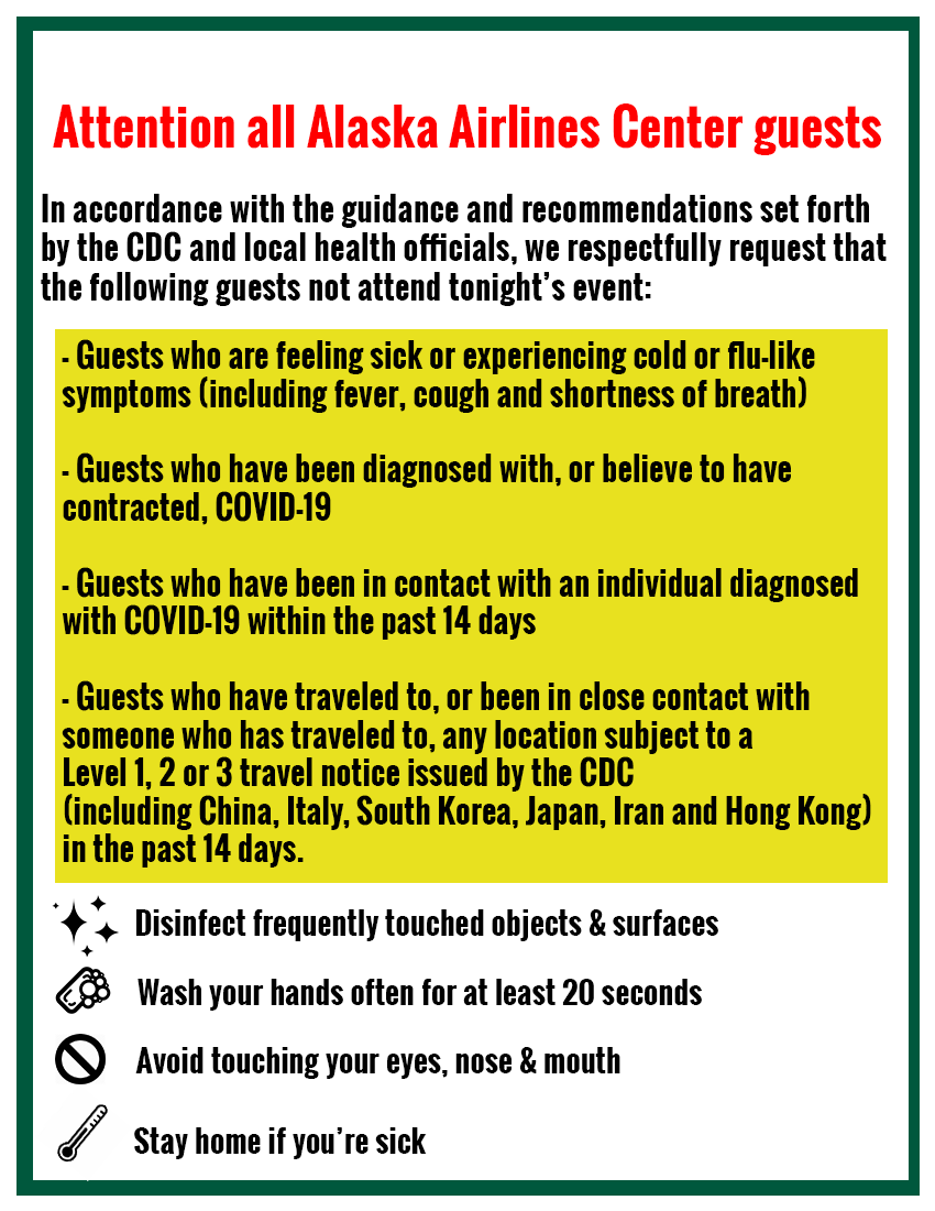 Attention all guests, fans, friends, and neighbors. With the rising concern of #Covid19, we want to ensure everyone has a safe experience here at the AAC. Please take a moment to read our notice when coming to the arena. Thank you! #WashYourHands #Anchorage