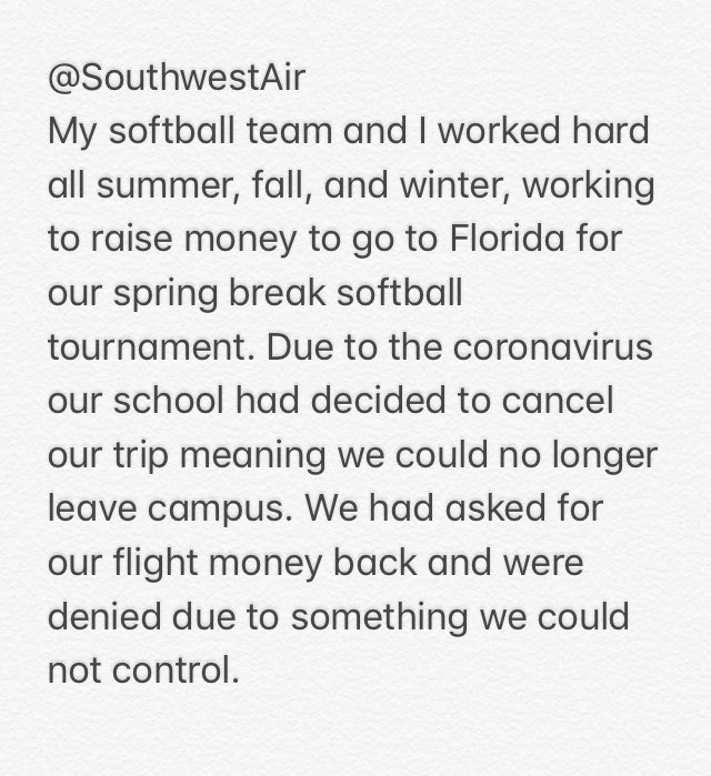 alexistruesdale's tweet photo. @SouthwestAir
#punishingtheathletes #weworkedhard #wejustwanttoplay #changeyourpolicy https://t.co/AzmLpUGcF2