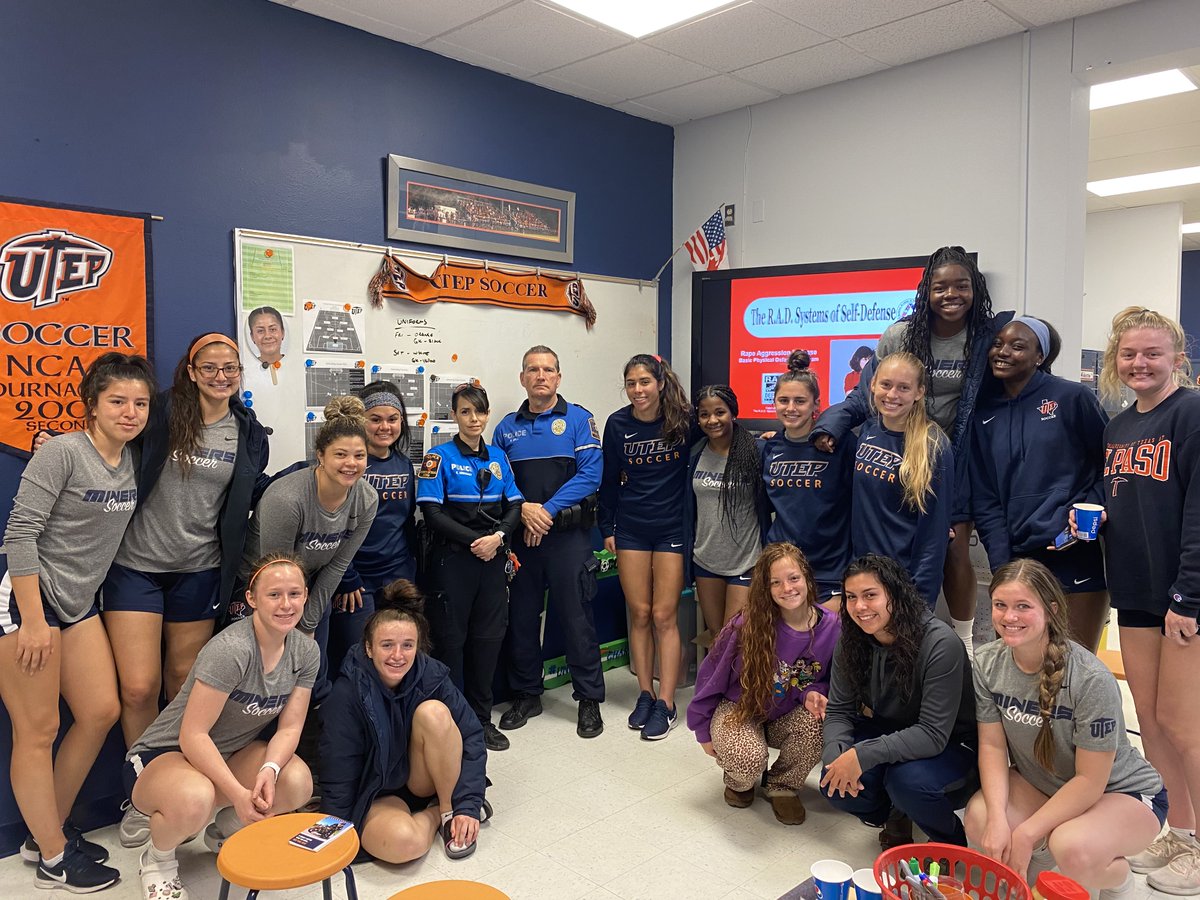 utep_police's tweet photo. Safety Pick of the Day: Rape Aggression Defense (R.A.D.)

Our UTEP Soccer Team with our officers learning about self defense. For more info on upcoming course dates for R.A.D., contact Elizabeth Villarreal: EAVillarreal@utep.edu

#UTEP #UTEPMiners #GoMiners #UTEPSoccer #PicksUp https://t.co/IOAdeq62Z9