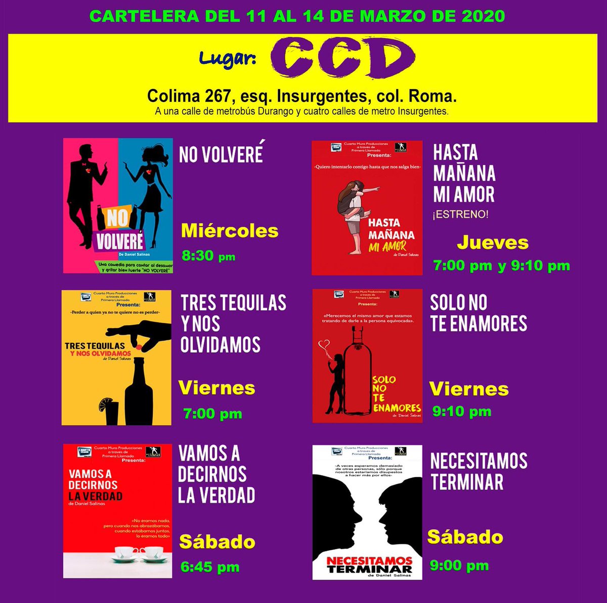 Aquí nuestra cartelera vigente del miércoles 11 al sábado 14 de marzo de 2020. 

¿Te gusta emocionarte en el teatro? 

#EmocionesParaTuVida