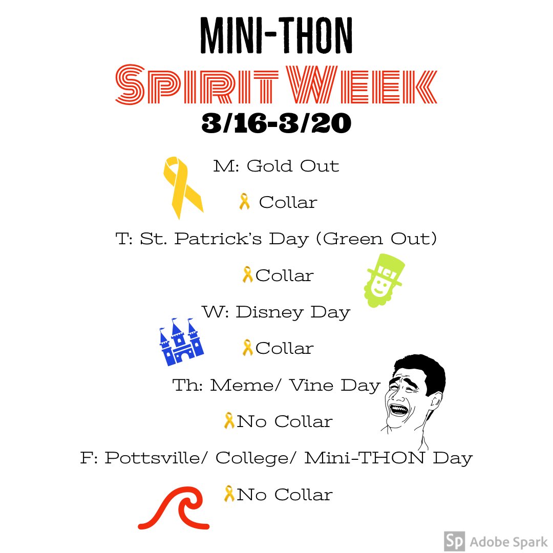 MiniPahs's tweet image. To kick off the last week before THON we will be hosting a spirit week from 3/16 to 3/20. Not only will we be having a spirit week, we also will be around homeroom selling candy for a dollar. We ask our student body and faculty to show us their support by participating.