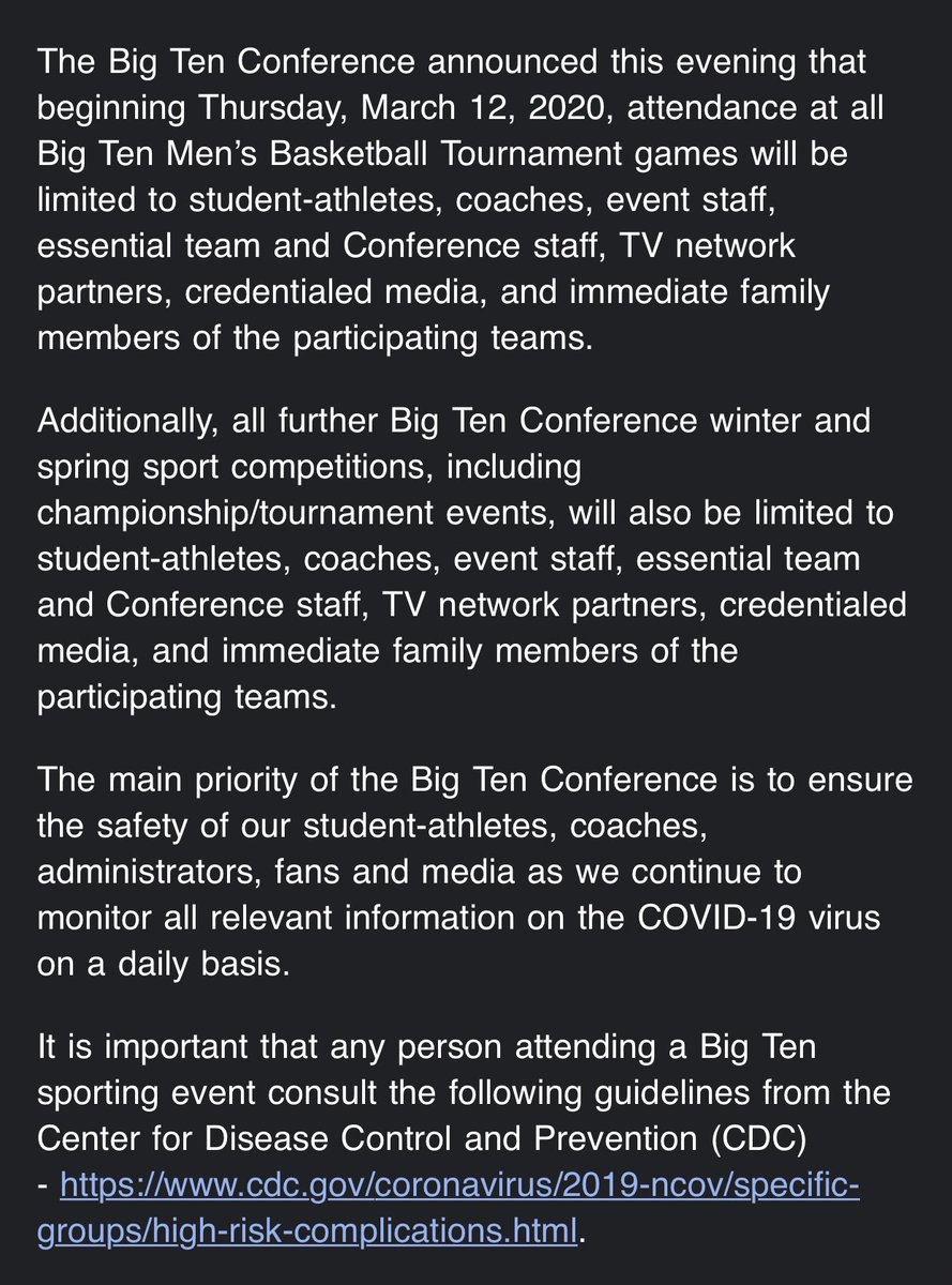 DI_Sports's tweet image. BREAKING: The Big Ten announces the upcoming men’s conference tournament will be limited to student-athletes, coaches, essential staff, credentialed media and some family members.