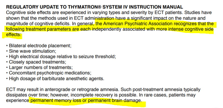 PsychRecovery's tweet photo. @sully272 @ReadReadj Psychiatry doesn't pay attention to it's own #ECT research. ECT manufacturer cites APA in listing 7 risks of permanent #braindamage, but psychiatry operates under the premise that when something doesn't work, it should be used until it does! 
https://t.co/FS5iqmitSL #auditECT https://t.co/Wvb4oYCQiW