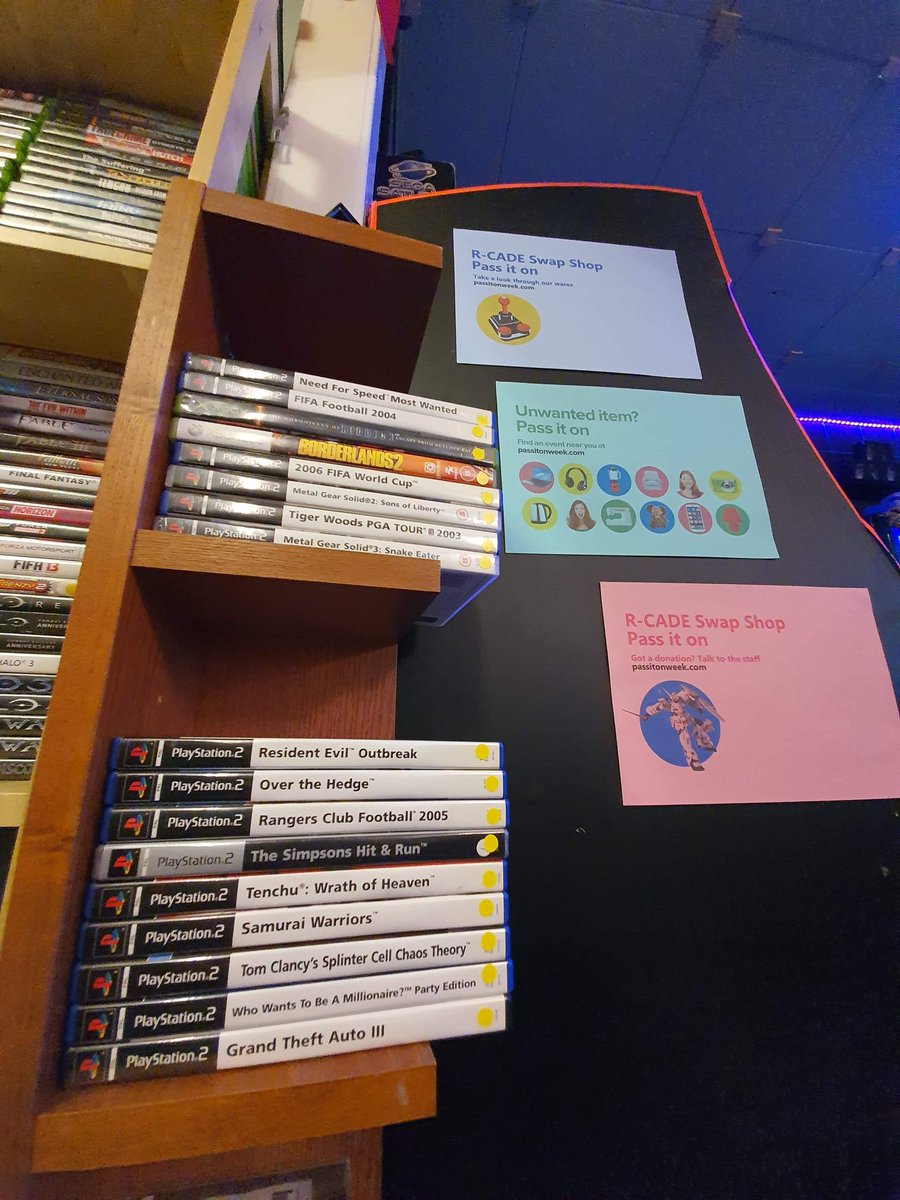 rcadeglasgow's tweet photo. Our little #swapshop section is ready for #passitonweek at R-CADE. Drop off your unwanted games, toys and geekery and swap for anything in our swap shop section or some arcade passes. @ZeroWasteScot #recycleforscotland https://t.co/HxbDZoIiJN